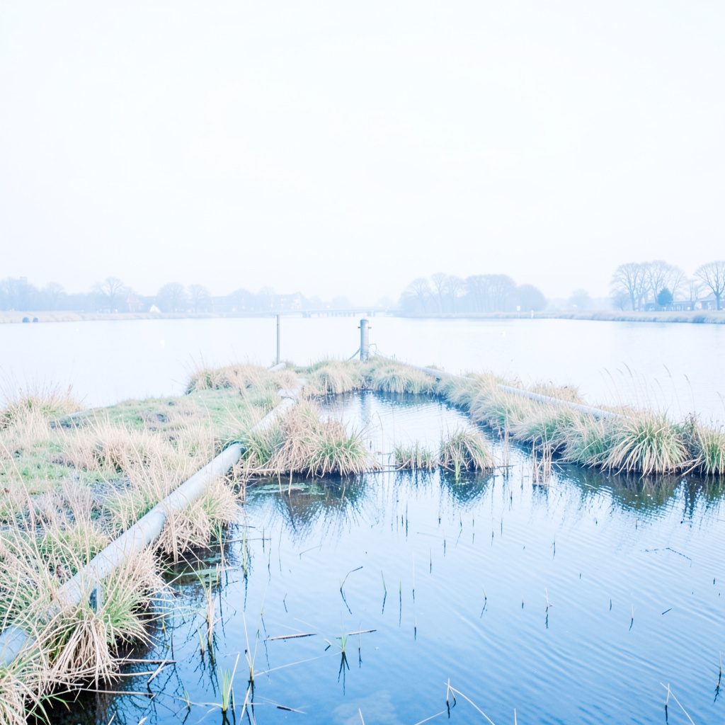 A bright, wide landscape of pale dunes and quiet water channels under a soft sky, evoking calm wetland scenery